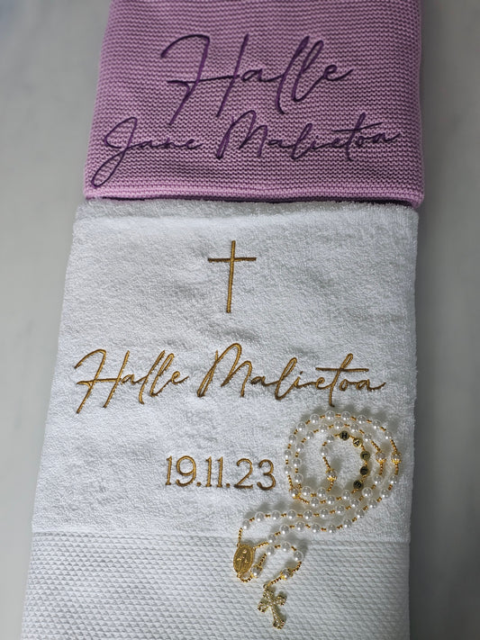 Embroidered Baby Blanket, Embroidered Towel & Rosary Pack