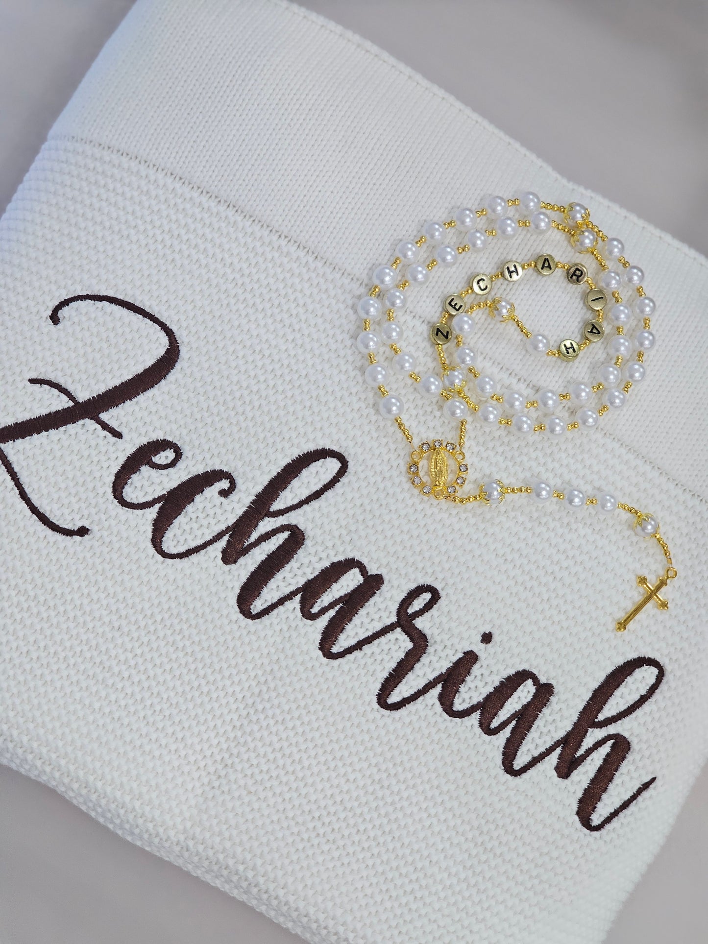 Embroidered Blanket and Personalised Rosary Pack